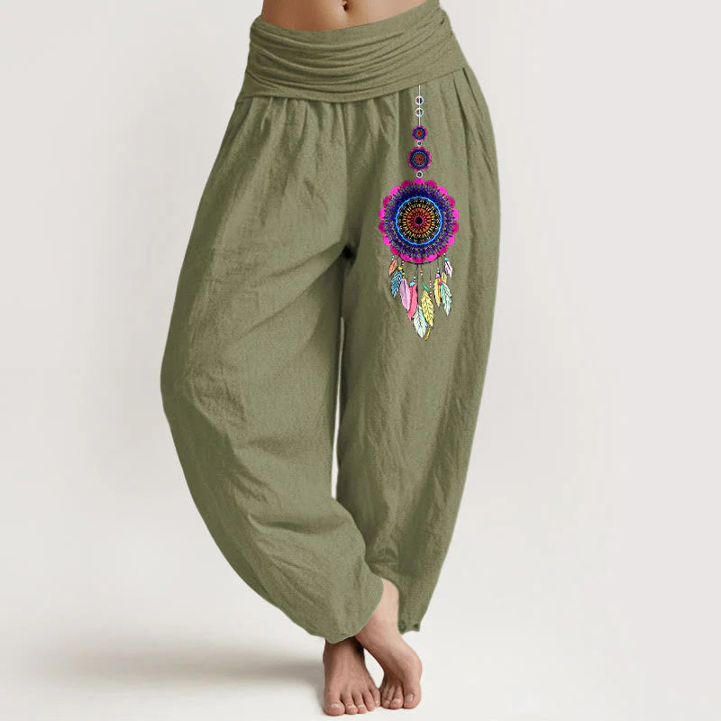 Buddha Stones Colorful Dreamcatchers Pattern Pure Cotton Women's Elastic Waist Harem Pants