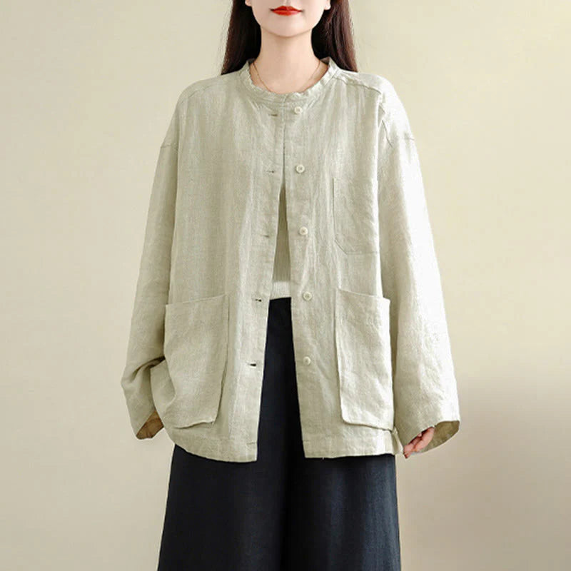 Buddha Stones Spring Crew Neck Long Sleeve Plain Women's Cotton Buttons Shirt With Pockets