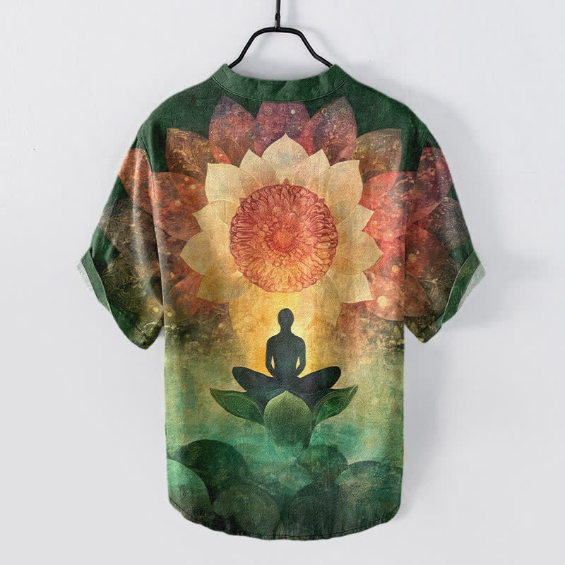 Buddha Stones Cotton Lotus Meditating Figure Pattern Men's Short Sleeve Half Button Shirt