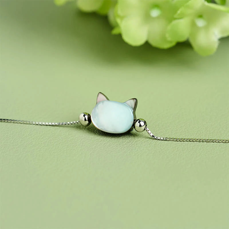 Buddha Stones 925 Sterling Silver Tridacna Stone Cat Head Blessing Chain Bracelet