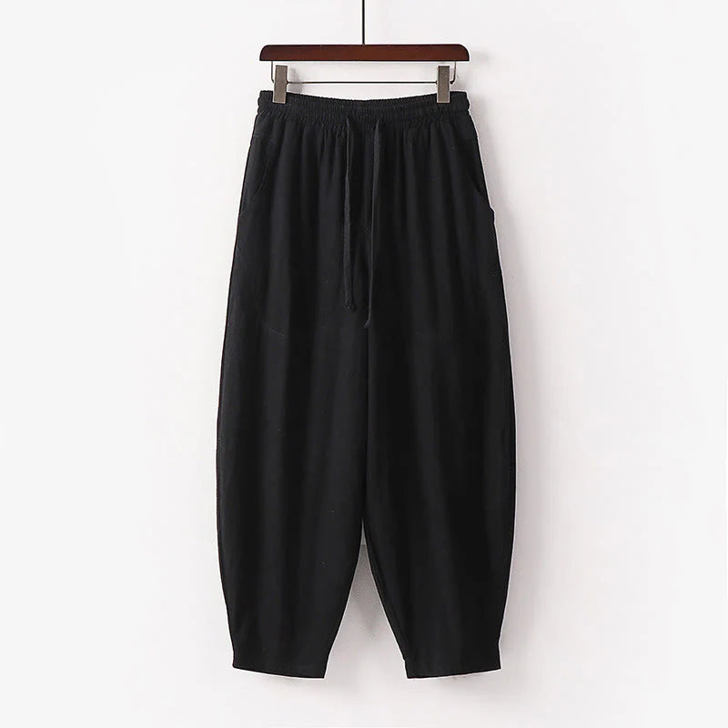 Buddha Stones Spring Fall Solid Color Drawstring Men's Ankle-Length Harem Pants With Pockets
