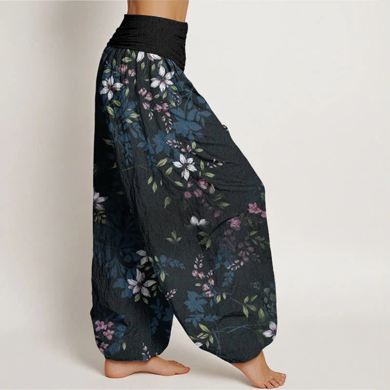 Buddha Stones Cotton Small White Blossoms Green Leaves Women's Elastic Waist Harem Pants