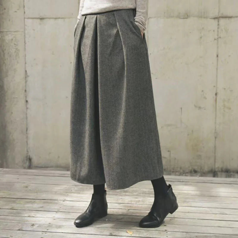 Buddha Stones Plain Elastic Waistband Design Women's 7-8 Length Wide Leg Pants With Pockets