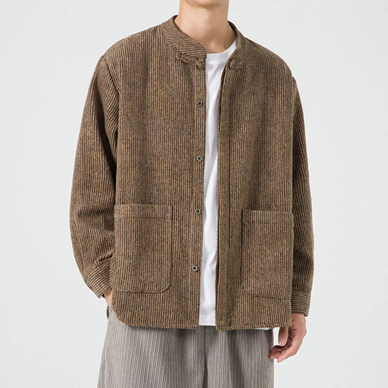 Buddha Stones Solid Color Frog-Button Long Sleeve Men's Cotton Corduroy Jacket With Pockets
