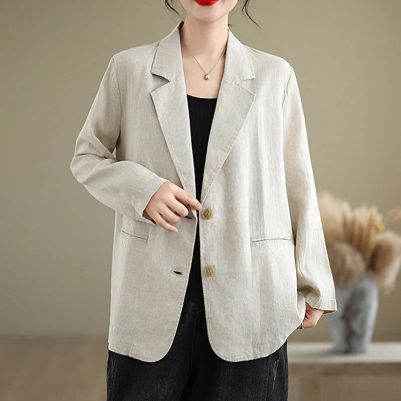 Buddha Stones Spring Solid Color Long Sleeve Cotton Linen Women's Jacket With Pockets