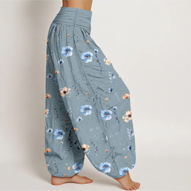 Buddha Stones Cotton Fresh Refined Flower Pattern Women's Elastic Waist Harem Pants