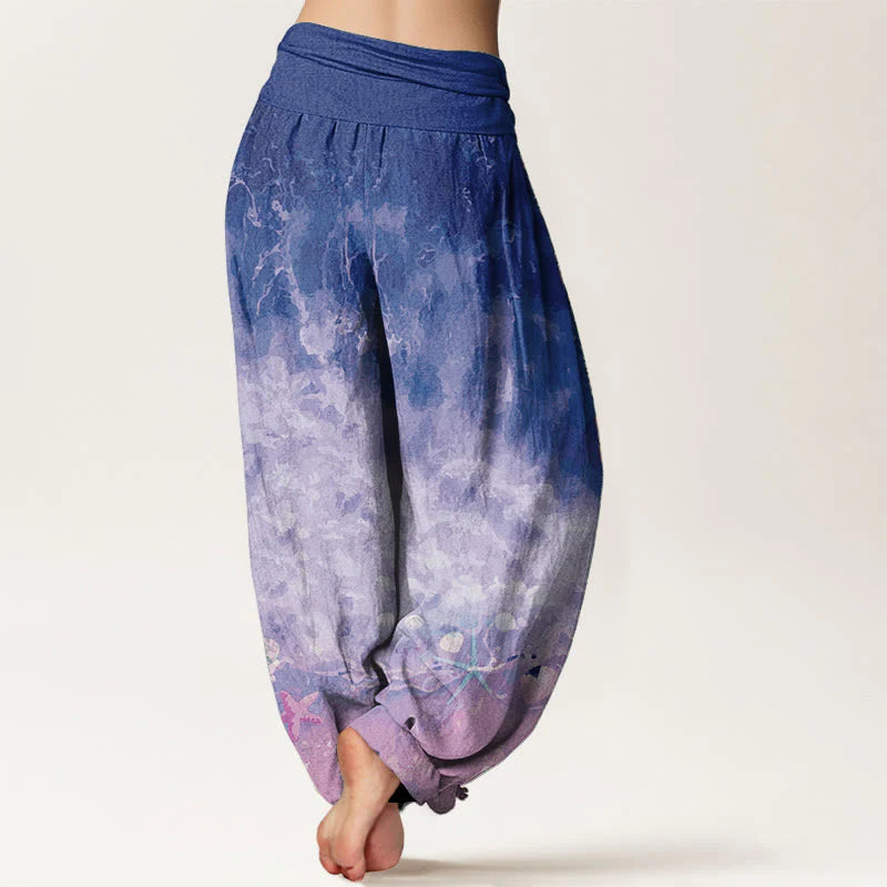 Buddha Stones Pure Cotton Vast Ocean Pattern Women's Elastic Waist Harem Pants