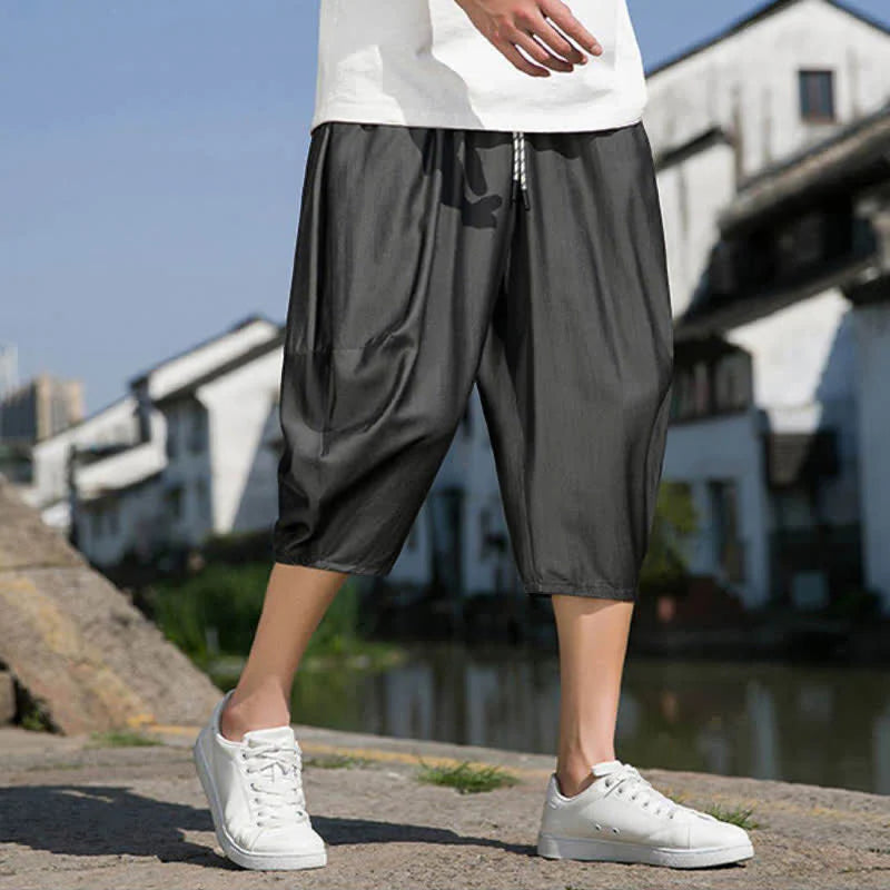 Buddha Stones Summer Elastic Waist Drawstring Solid Color Half Men's Tapered Pants With Pockets