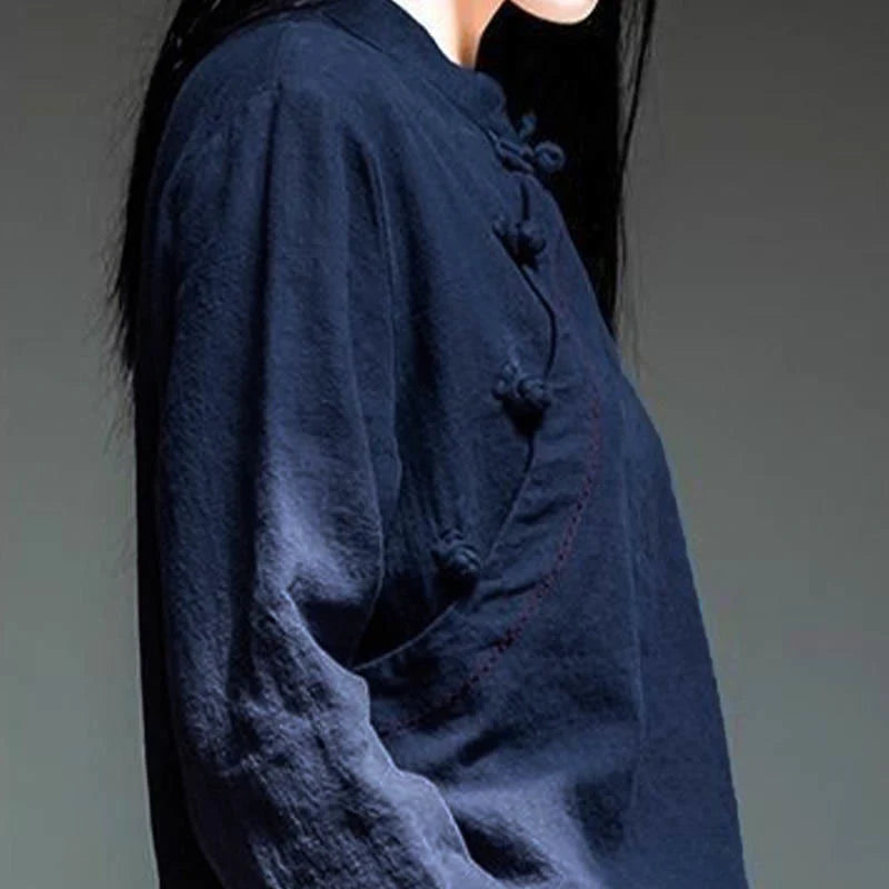 Buddha Stones Oblique Collar Knot button Loose Linen Clothing