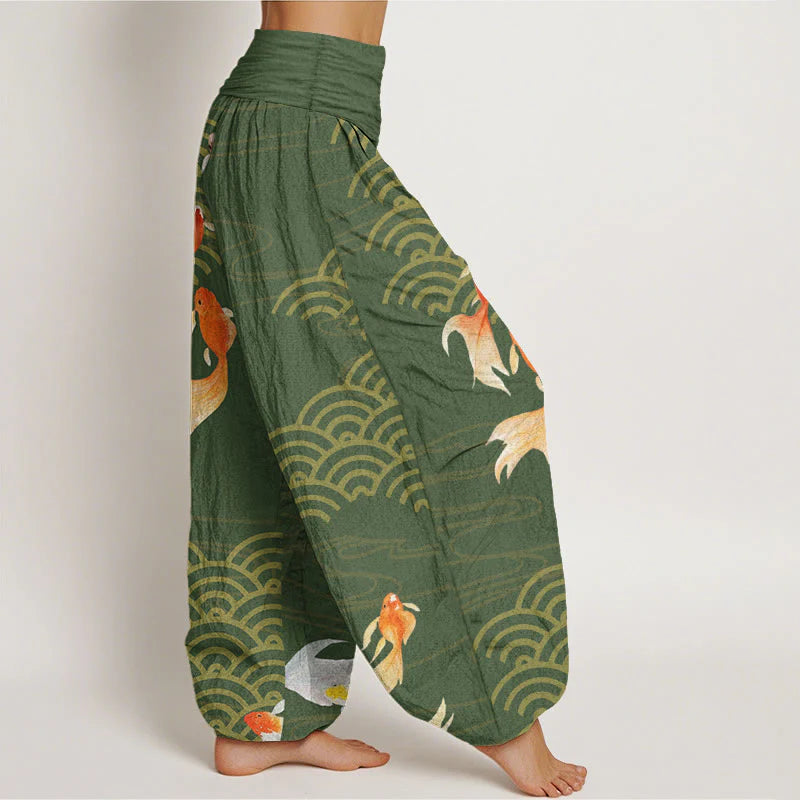 Buddha Stones Pure Cotton Red Koi Fish Fan-shaped Waves Women's Elastic Waist Harem Pants