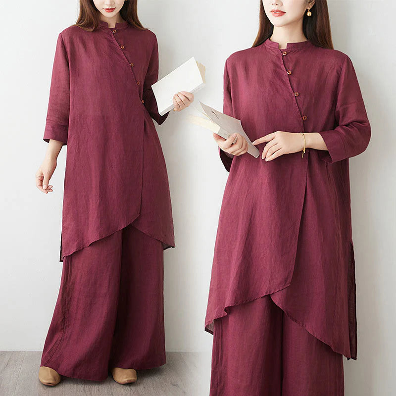 Buddha Stones Casual 2pcs Plain Three Quarter Sleeve Slanted Collar Shirt Top Wide Leg Pants With Pockets Meditation Zen Tai Chi Clothing Women's Set