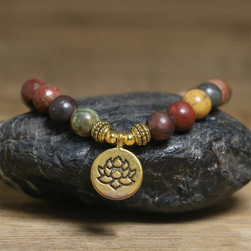 Buddha Stones Natural Colorful Emperor Stone Lotus Pattern Anti-stress Bracelet