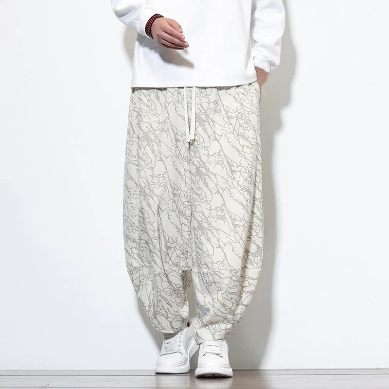 Buddha Stones Fall Textured Lines Print Cotton Elastic Waist Ankle-Length Men's Harem Pants With Pockets