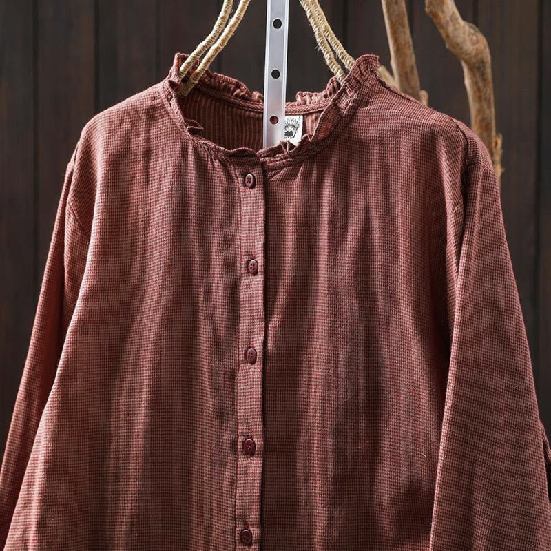 Buddha Stones Fall Small Plaid Button Down Ruffle Collar Long Sleeve Women's Cotton Shirt