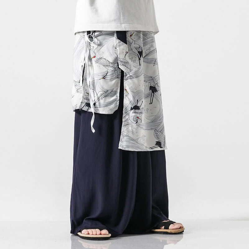 Buddha Stones Summer Flying Crane Design Cotton Men's Wide Leg Pants With Pockets