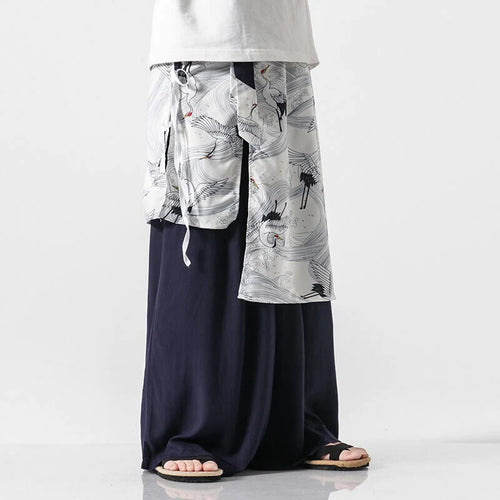 Buddha Stones Summer Flying Crane Design Cotton Men's Wide Leg Pants With Pockets