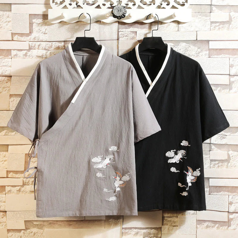 Buddha Stones Embroidered Crane Auspicious Cloud Pattern Open Front Short Sleeve Jacket Men's Cotton Kimono