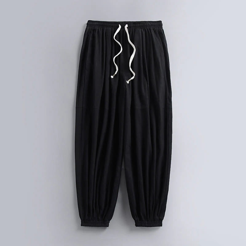 Buddha Stones Plain Drawstring Tapered Ankle-Length Men's Cotton Linen Pants With Pockets