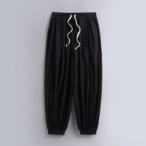 Buddha Stones Plain Drawstring Tapered Ankle-Length Men's Cotton Linen Pants With Pockets