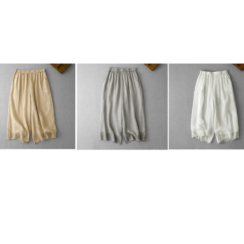 Buddha Stones Commute Solid Color Lace Embroidery Design Cotton Women's Wide Leg Cropped Pants With Pockets