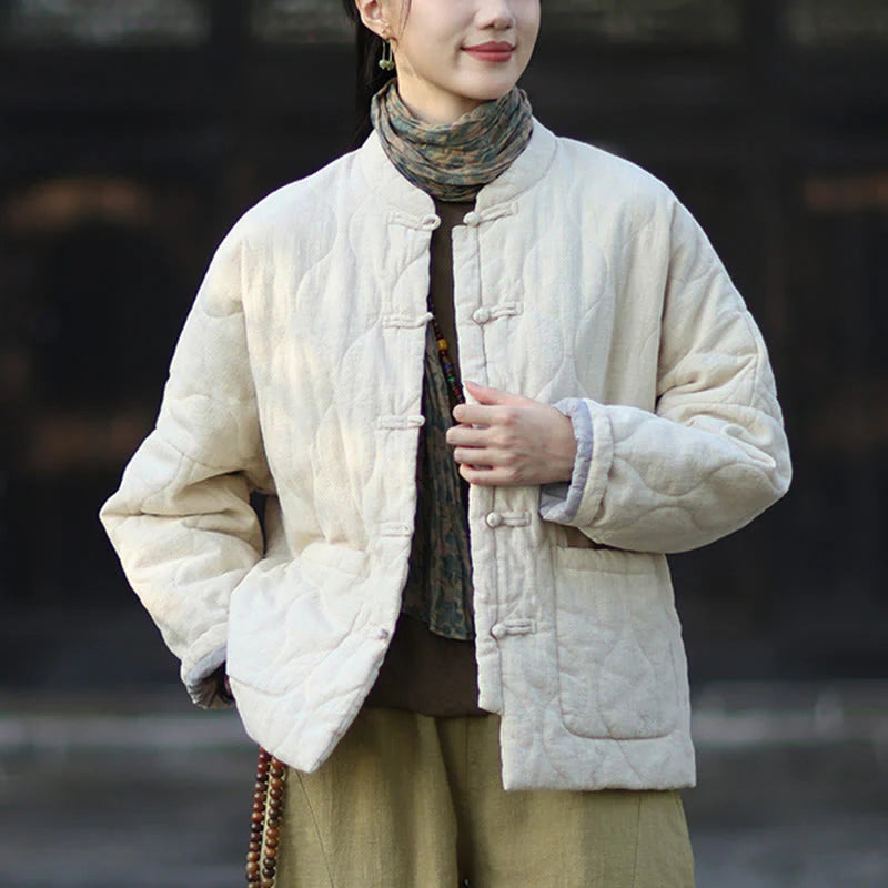 Buddha Stones Winter Curved Lines Frog-Button Ramie Cotton Long Sleeve Women's Thermal Jacket With Pockets