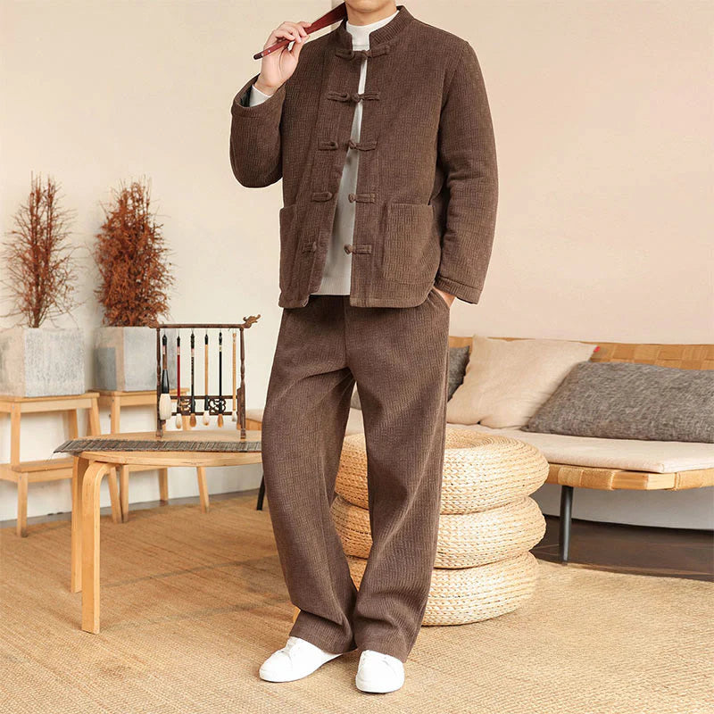 Buddha Stones 2Pcs Winter Solid Men's Tang Suit Frog-Button Cotton Long Sleeve Jacket Pants Set With Pockets