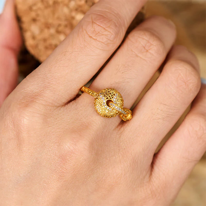 Buddha Stones 24k Gold Plated Brass Hollow Carved Design Peace Buckle Adjustable Fortune Ring