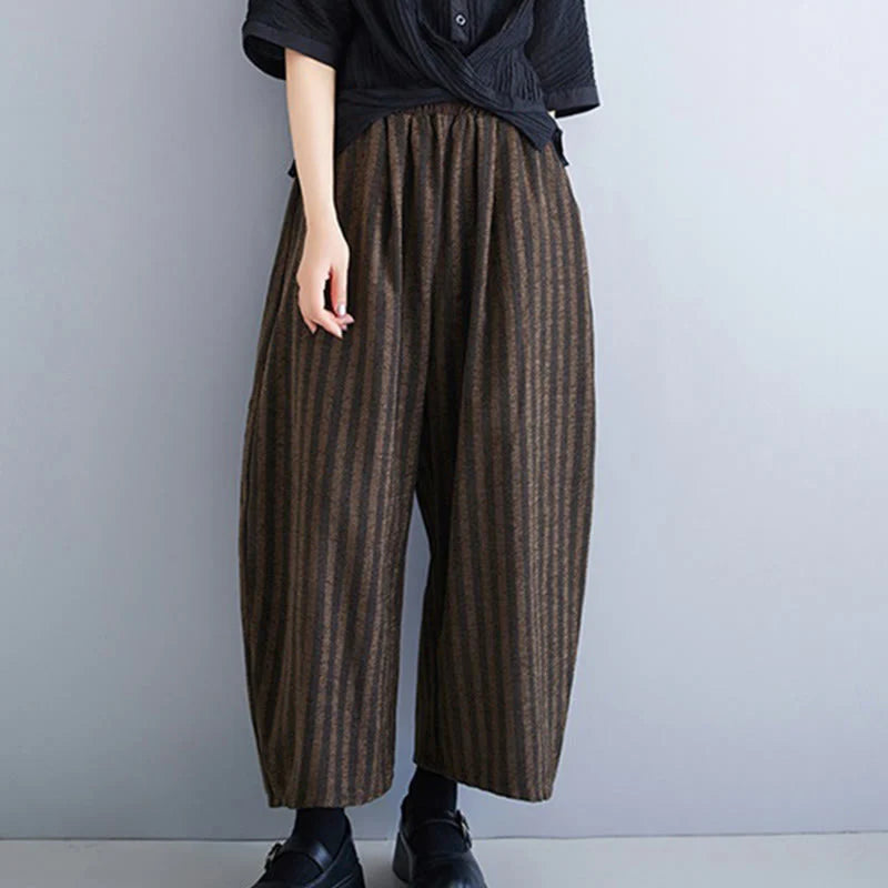Buddha Stones Casual 7-8 Length Corduroy Stripes Women's Polyester Wide Leg Pants With Pockets
