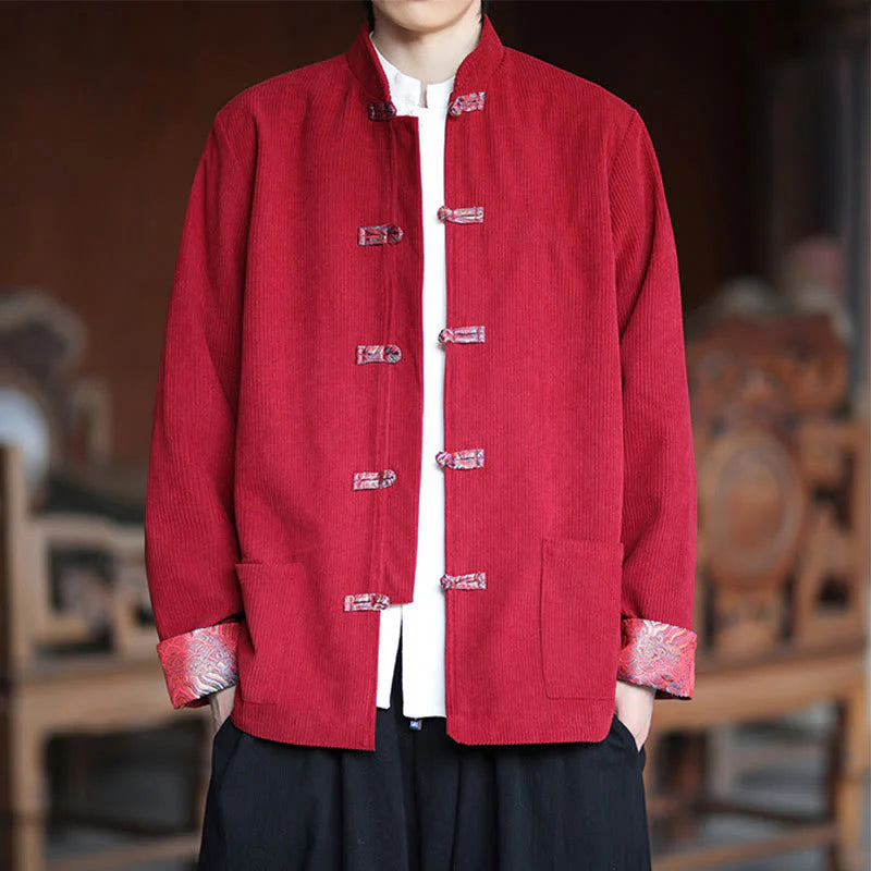 Buddha Stones Spring Jacquard Frog-Button Men's Cotton Corduroy Long Sleeve Jacket With Pockets