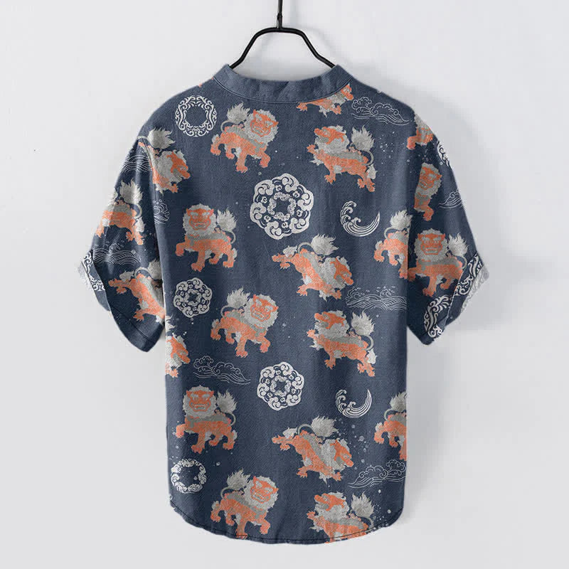 Buddha Stones Cotton Lion Waves Cloud Men's Short Sleeve Shirt Lightweight Resort Boxy Fit