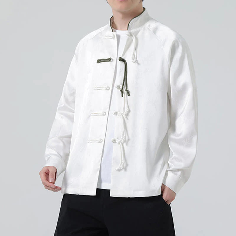 Buddha Stones Spring Jacquard Bamboo Leaves Pattern Chinese Frog-Button Design Men's Long Sleeve Shirt