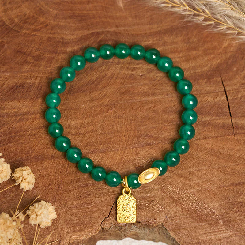 Buddha Stones Green Agate Ingot Fu Character Relaxation Hope Bracelet