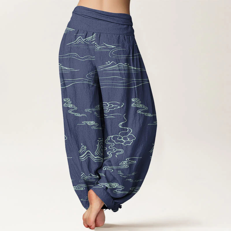 Buddha Stones Cotton Mountain Moon Auspicious Clouds Pattern Women's Elastic Waist Harem Pants