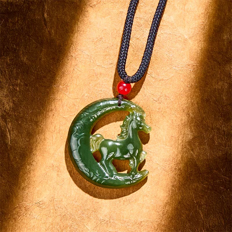 Buddha Stones Chinese Zodiac Year Of The Horse Charm Carved Jade Luck Prosperity Necklace Pendants