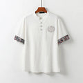 Buddha Stones Summer Frog-Button Auspicious Clouds Embroidery Design Short Sleeve Cotton Linen Men's Shirt