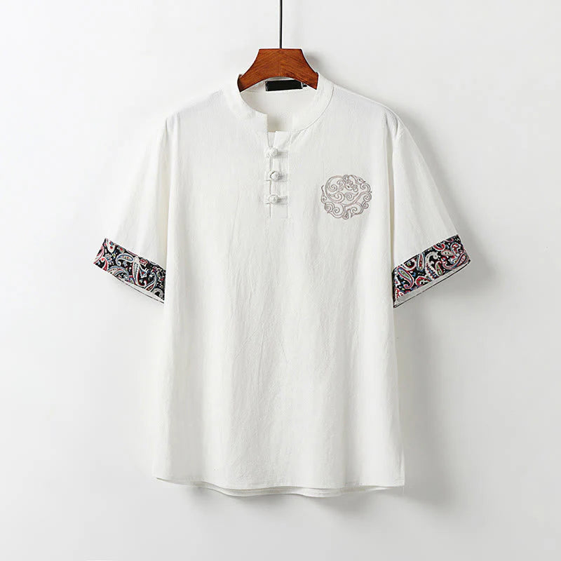 Buddha Stones Summer Frog-Button Auspicious Clouds Embroidery Design Short Sleeve Cotton Linen Men's Shirt