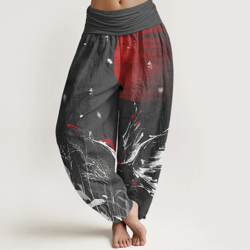 Buddha Stones Cotton Casual Red-crowned Reed Sun Crane Pattern Women's Elastic Waist Harem Pants