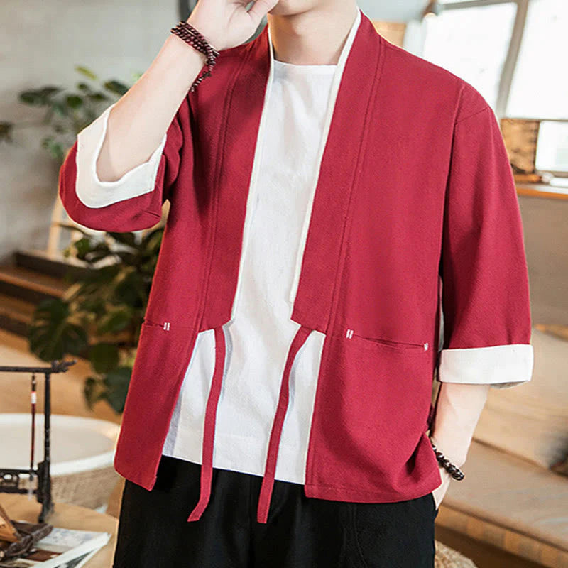 Buddha Stones Lace-Up Design Jacket Cotton Linen Men's Three Quarter Sleeve Kimono With Pockets