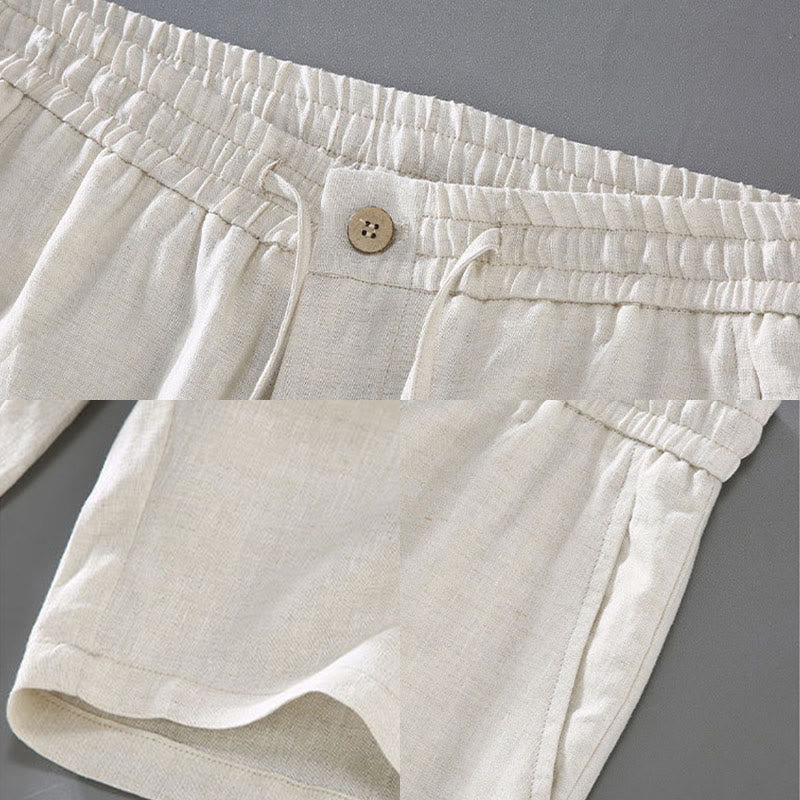 Buddha Stones Summer Solid Color Drawstring Button Design Men's Linen Shorts With Pockets