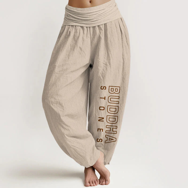 Buddha Stones Solid Color Pure Cotton 'Buddha Stones' Word Women's Elastic Waist Harem Pants