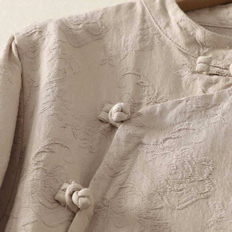 Buddha Stones Jacquard Diagonal Placket Long Sleeve Women's Cotton Linen Buttons Shirt