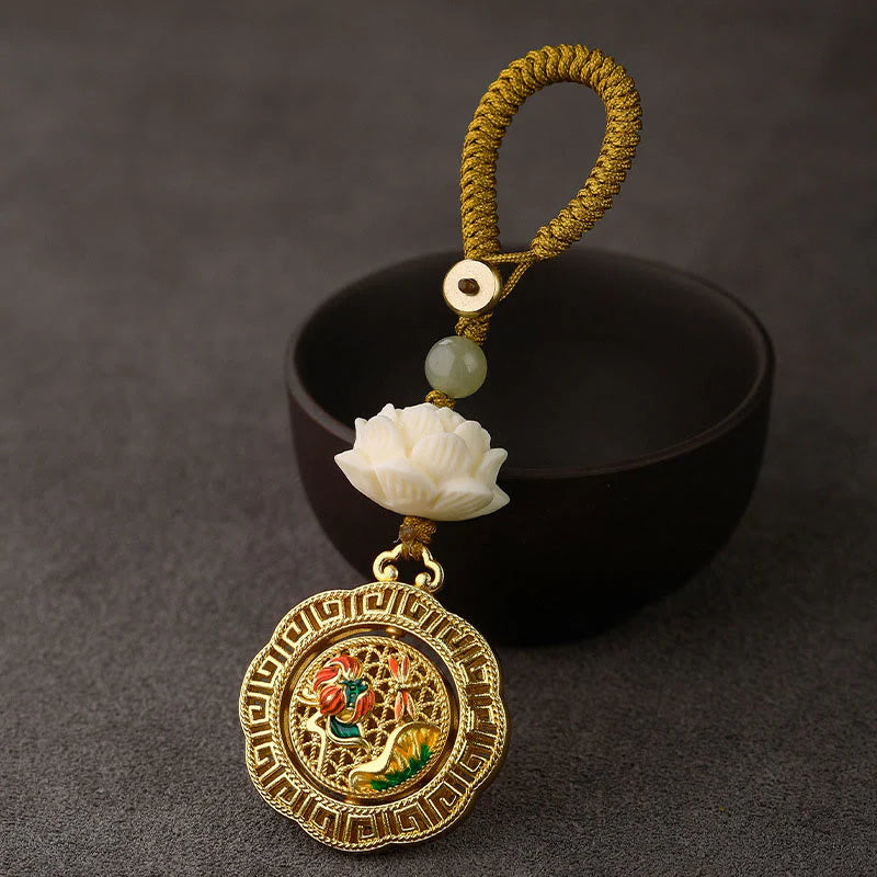 Buddha Stones Bodhi Seed Lotus Hetian Jade Bead Copper Rotatable Peace Key Chain