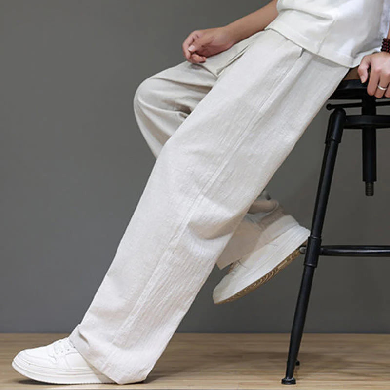 Buddha Stones Summer Men's Cotton Linen Straight Leg Pants With Pockets