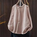 Buddha Stones Fall Crew Neck Back Button Down Design Long Sleeve Women's Cotton Shirt
