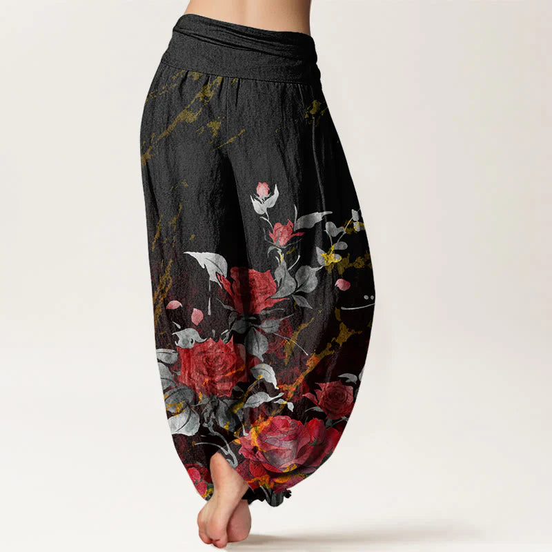 Buddha Stones Cotton Blooming Roses Pattern Women's Elastic Waist Harem Pants