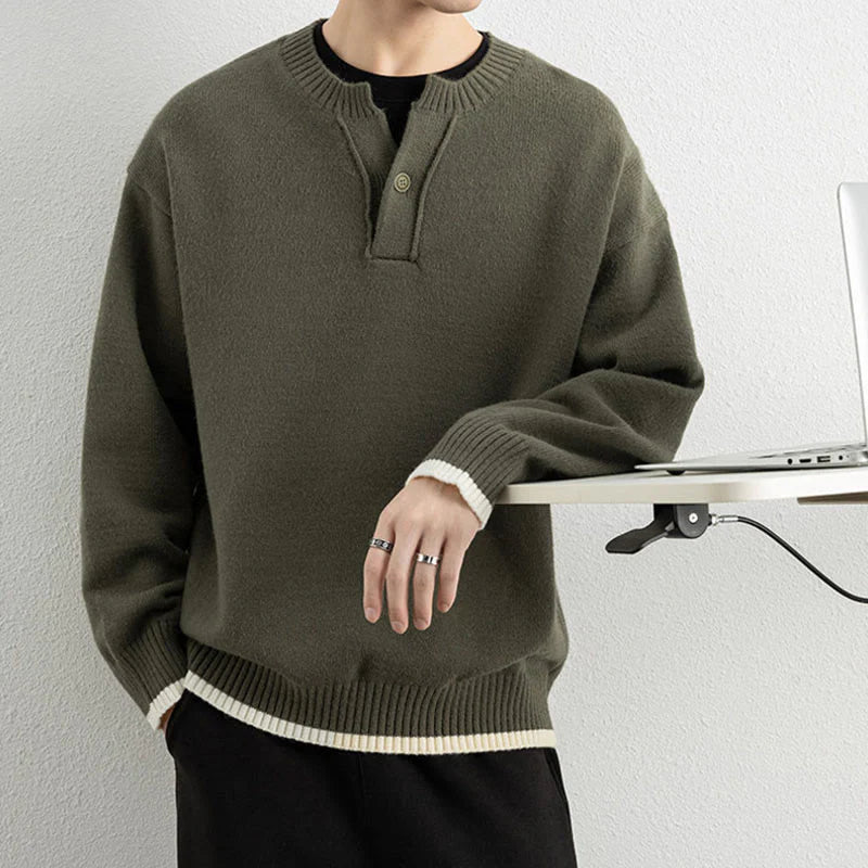 Buddha Stones Winter V-Neck One Button Design Warm Men's Long Sleeve Knitted Sweater