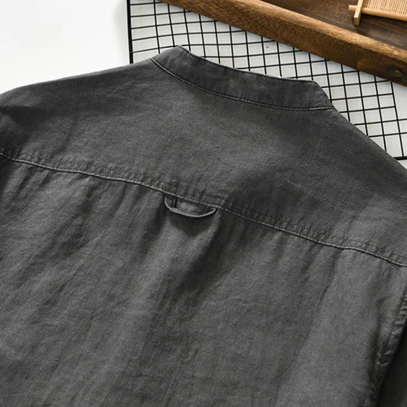 Buddha Stones Fall Solid Color Buttons Down Stand Collar Three Quarter Sleeve Linen Men's Shirt With Pockets
