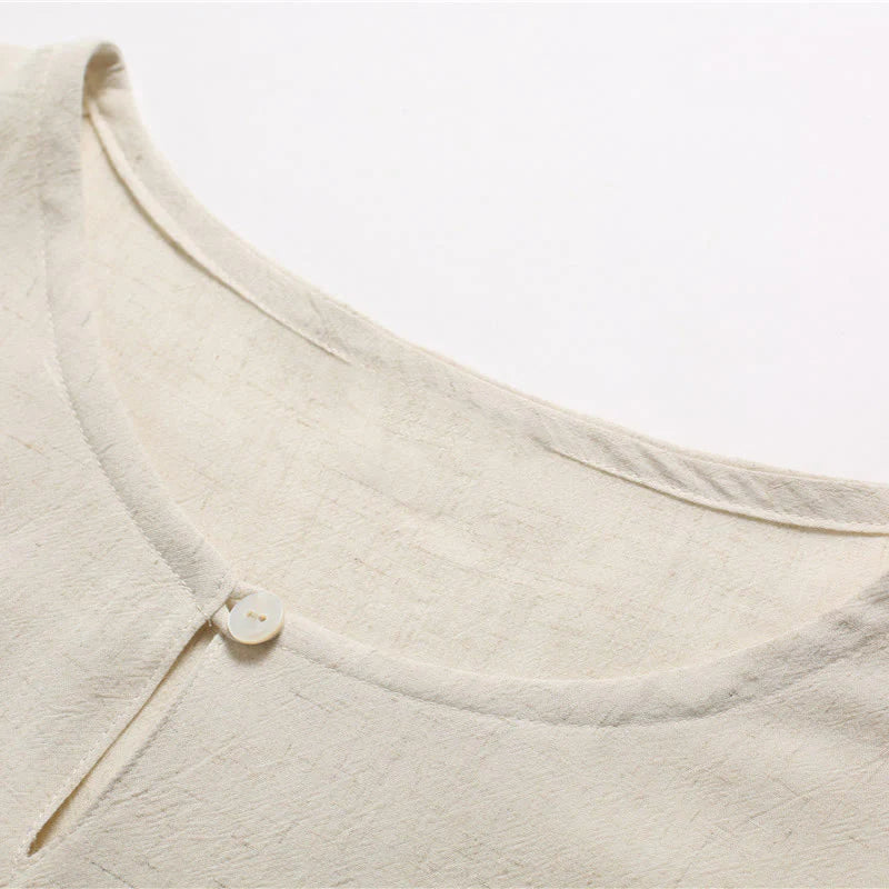 Buddha Stones Men's Solid Color Round Neck Short Sleeve CottonÂ Linen Shirt