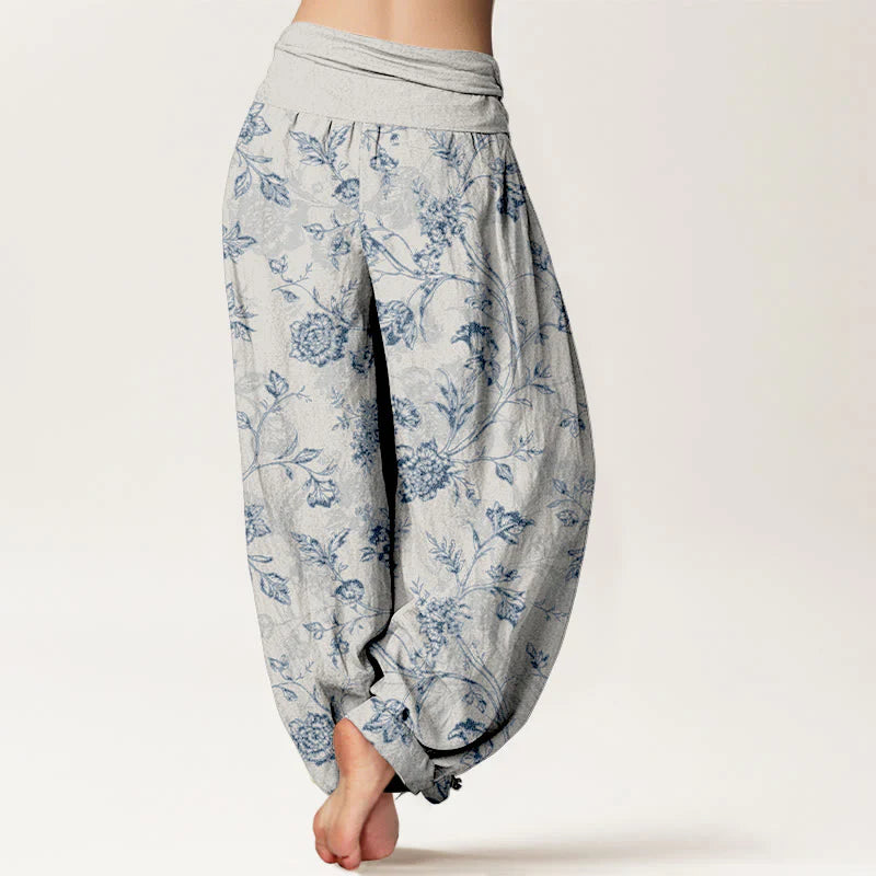 Buddha Stones Cotton Full Coverage Flowers Pattern Women's Elastic Waist Harem Pants