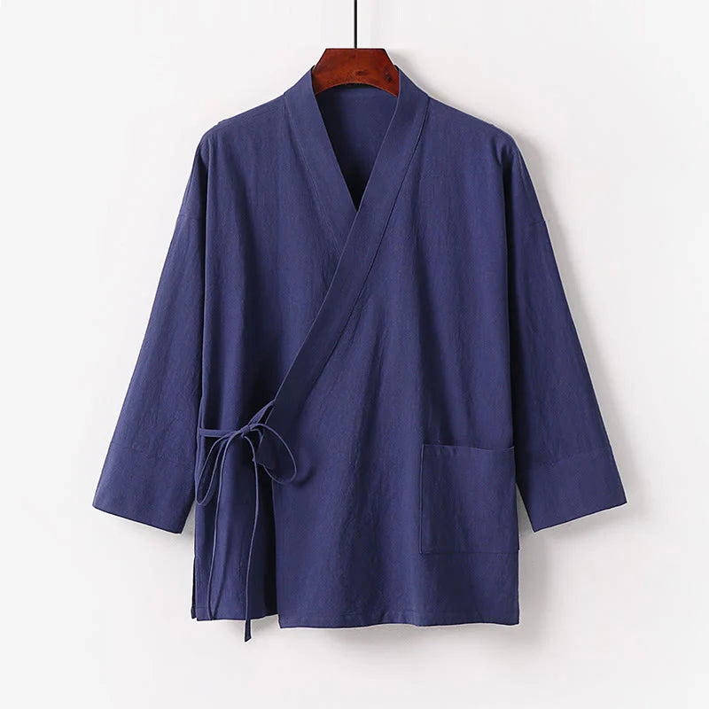Buddha Stones 2Pcs Fall Lace-up Cotton Kimono Ankle-Length Wide Leg Pants With Pockets Men's Meditation Cloth Set